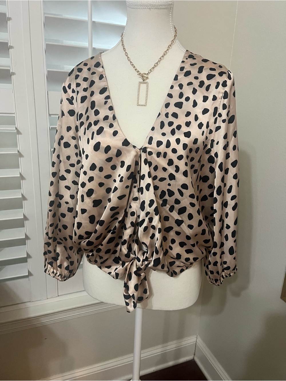 By Together Beige Satin Tie-Front Blouse with Black Spot Print